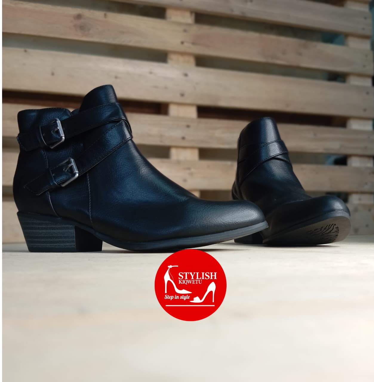 Double Buckle Black Ankle Boots