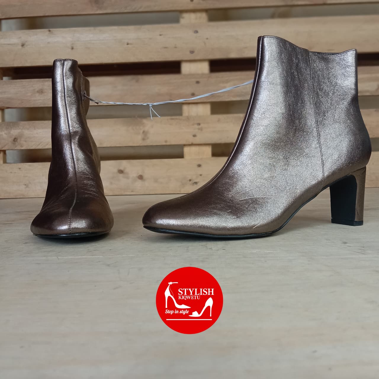 Metallic Block Heel Ankle Boots