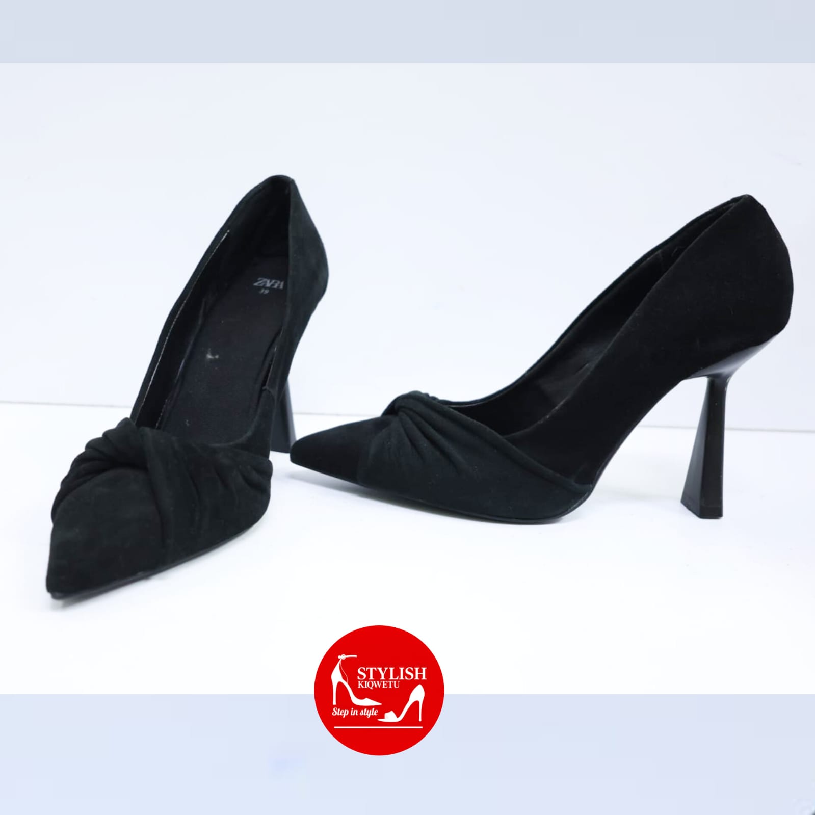 Noir Faux-Suede Ruched Pointed-Toe Pumps